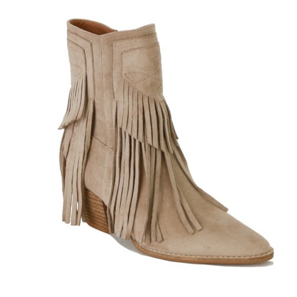 New Boho Faux Suede Taupe Fringed Block Heel Booties - Picture 3 of 9